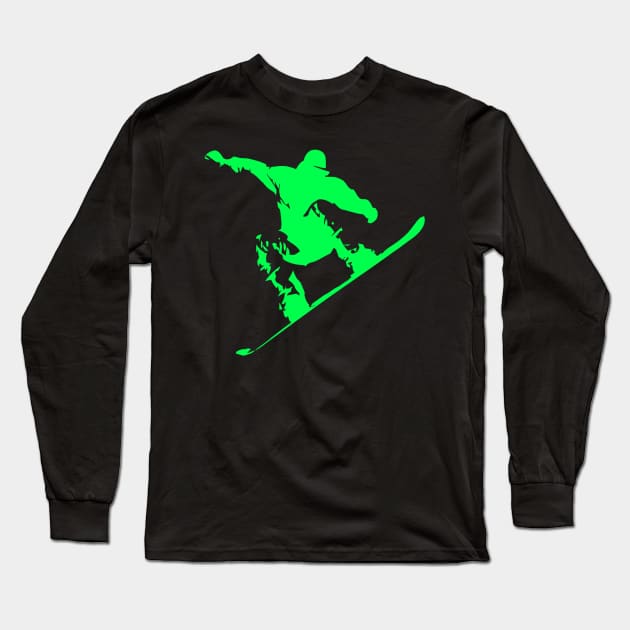 Snowboarding Neon Green Boarder on Black Long Sleeve T-Shirt by podartist